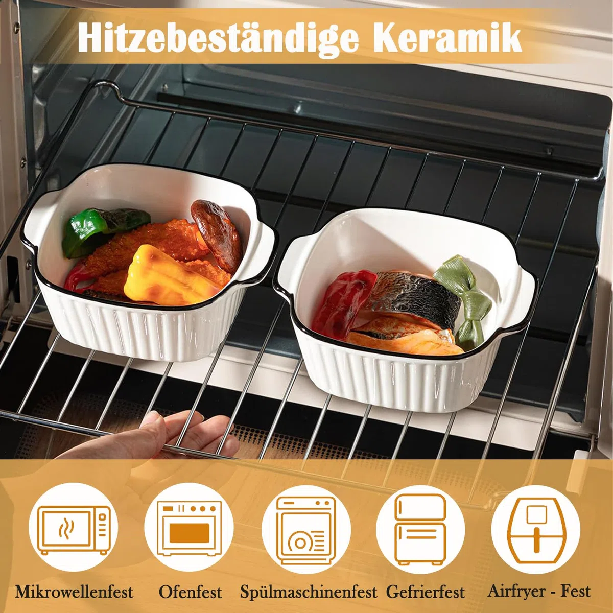 4er Set Keramik Auflaufform, 400ML Auflaufform Klein, 14.5 x 11.5 x 5.5 cm Quadratische Backformen, Grillpfanne mit Griffen, Kleine Backform für Airfryer, Backofen (Rautenquadrat-Teller)