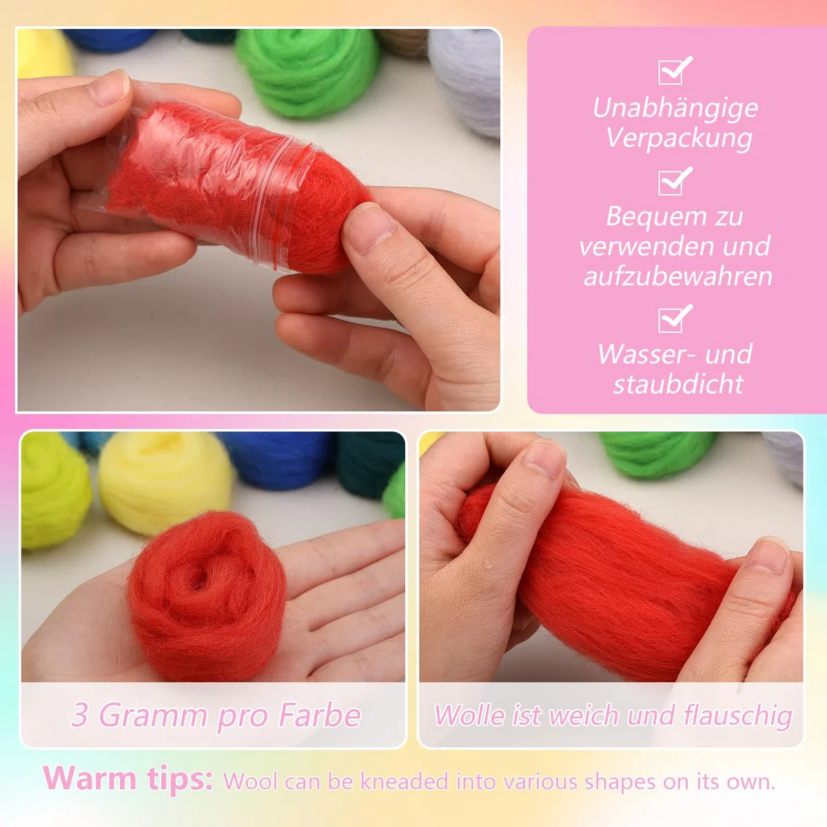 Reovin 55 Farben Nadelfilz Set, Filz Starterset Filzwolle Nadelfilzen Set mit Filznadeln, Schaumstoffmatte und Aufbewahrungstasche Filzwolle Nadelfilz Werkzeu für DIY Handwerk