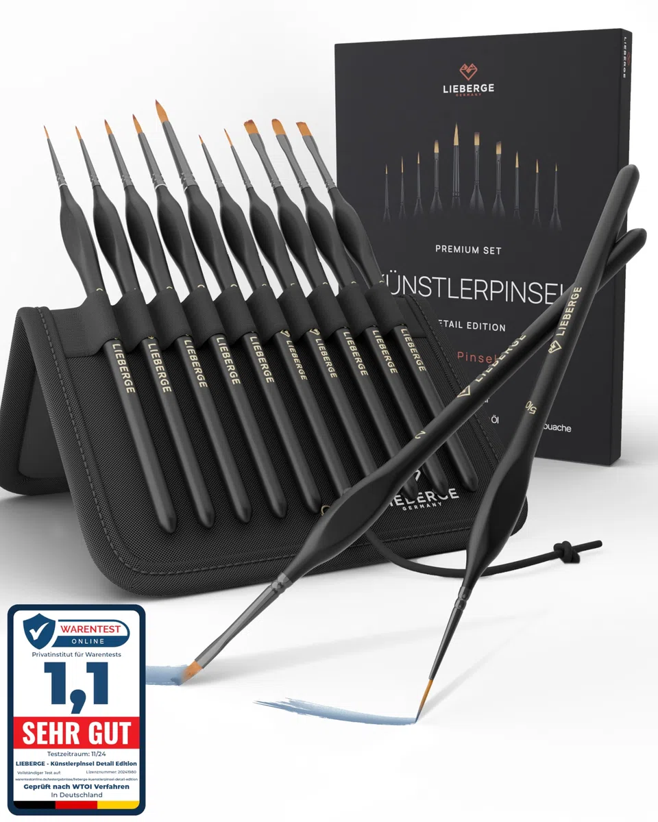 LIEBERGE Premium Detail Pinselset Acrylfarben – 10 extra feine Pinsel für höchste Präzision – Acryl Pinsel, Aquarellpinsel, Modellbau (10)