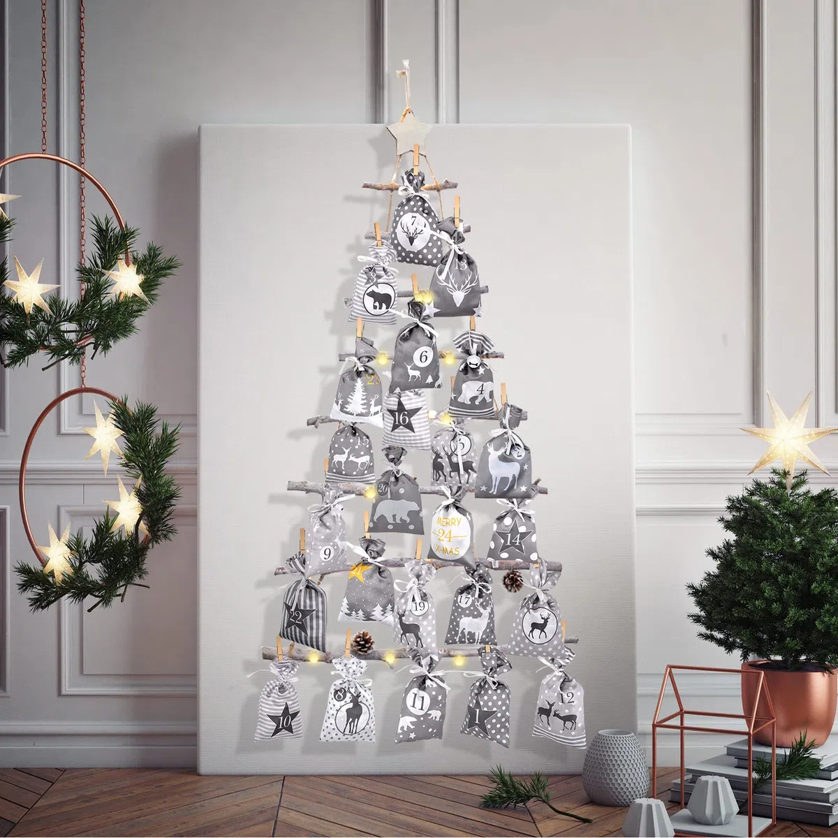Adventskalender zum Befüllen Groß (12x21cm), 24 Stoffbeutel Kette zum selber Basteln und Aufhängen 2025 Weihnachtskalender zum selberfüllen mit Grau Stoff Säckchen für Kinder junge männer Mädchen