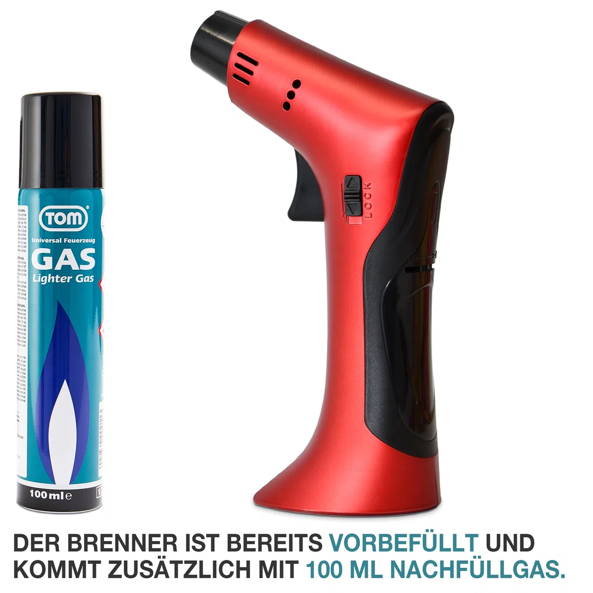 TOM Flambierbrenner Set MIT Gas befüllt + 1 x Butangas Kartusche – Profi Gasbrenner mit Sicherheitsschloss für Küche, Haushalt, Camping & Werkstatt – nachfüllbar – in zwei Farben – Jetflame (Rot)