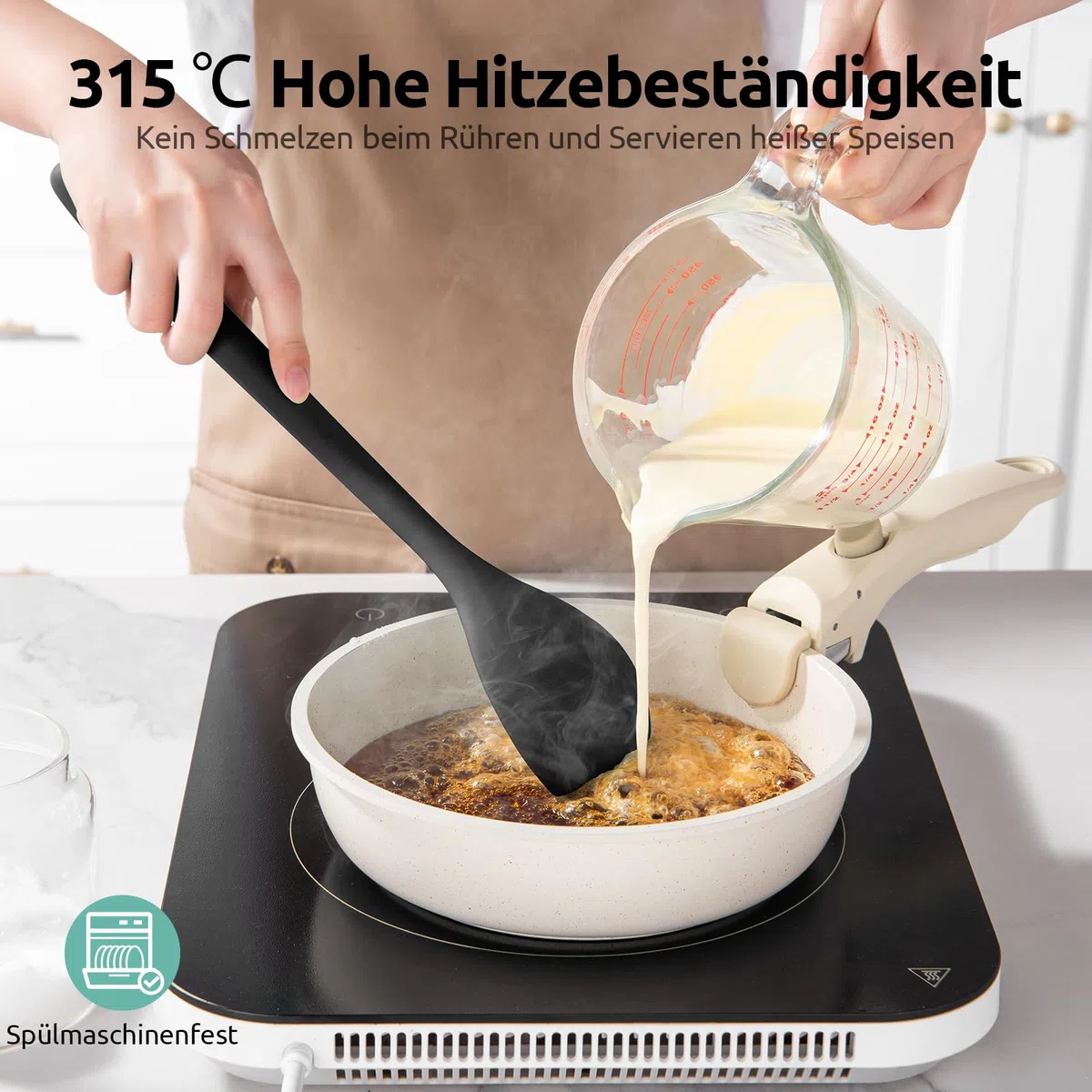 U-Taste 33.9 cm extra langer Silikon Löffel, 315℃ Hitzebeständiger BPA-freier massive Kochlöffel, antihaftbeschichteter nahtloser Küchen Servierlöffel zum Mischen Rühren Begießen Schöpfen (Schwarz)