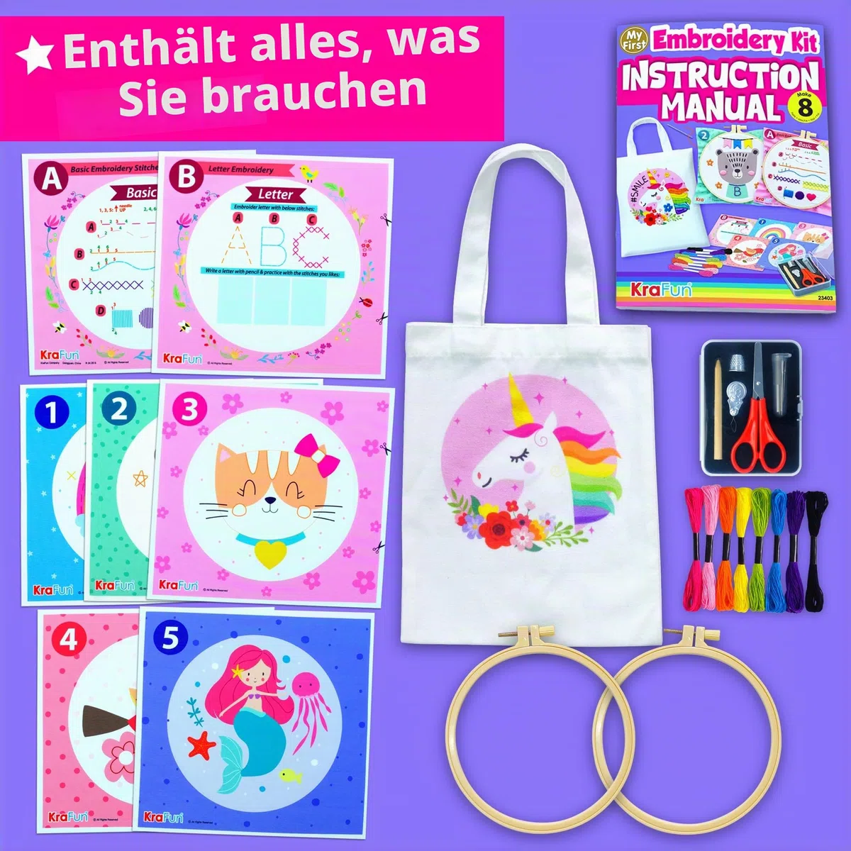 KRAFUN Mein erstes Stickset für Anfänger, Kinder und Jugendliche, einfache Stickmuster, Handstickerei-Set enthält Reifen, Tuch, Anleitung für Stiche, Anfänger-Stickset für Erwachsene