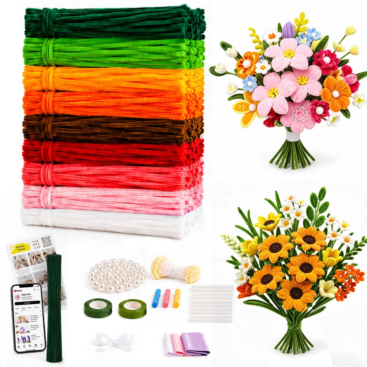 550 Stück Pfeifenreiniger Blumen Set, 9 Farben Pfeifenputzer zum Basteln mit Schleifenband, Klebeband, Staubblätter, Blumendraht, Blumenpapier, Anleitung & Video-Tutorial für Kreative DIY