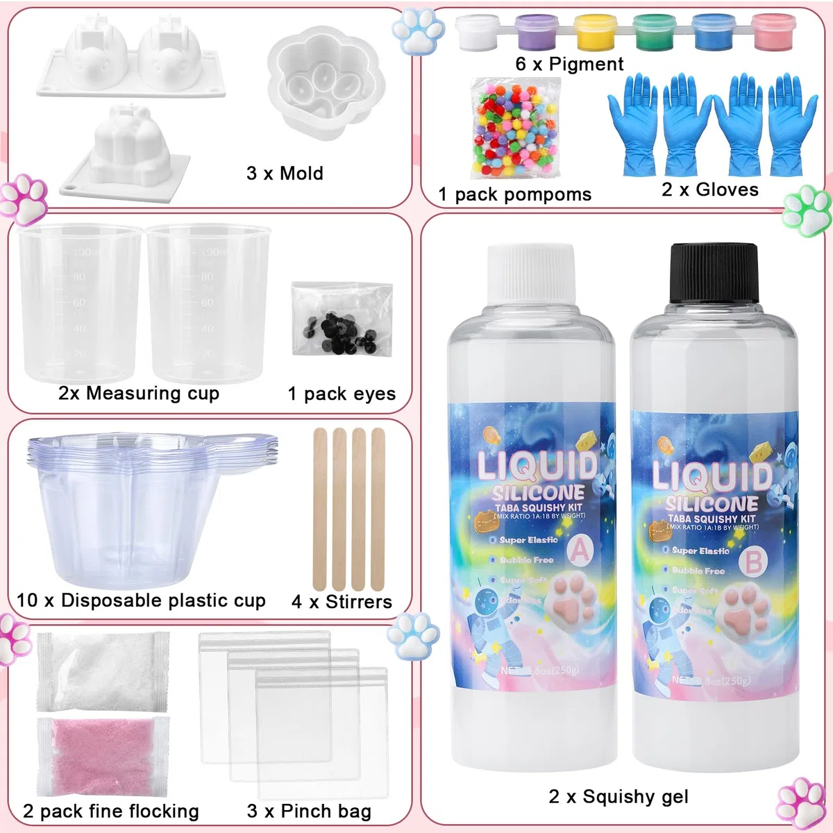 Flüssigsilikon für Taba Squishy Bastelset, 500g 1: 1 Verhältnis Gemischt Superweiches Silikongummi, DIY Bastelset zur Stressbewältigung, Katzenliebhaber und Hamster-Fans, Kreative für Anfänger
