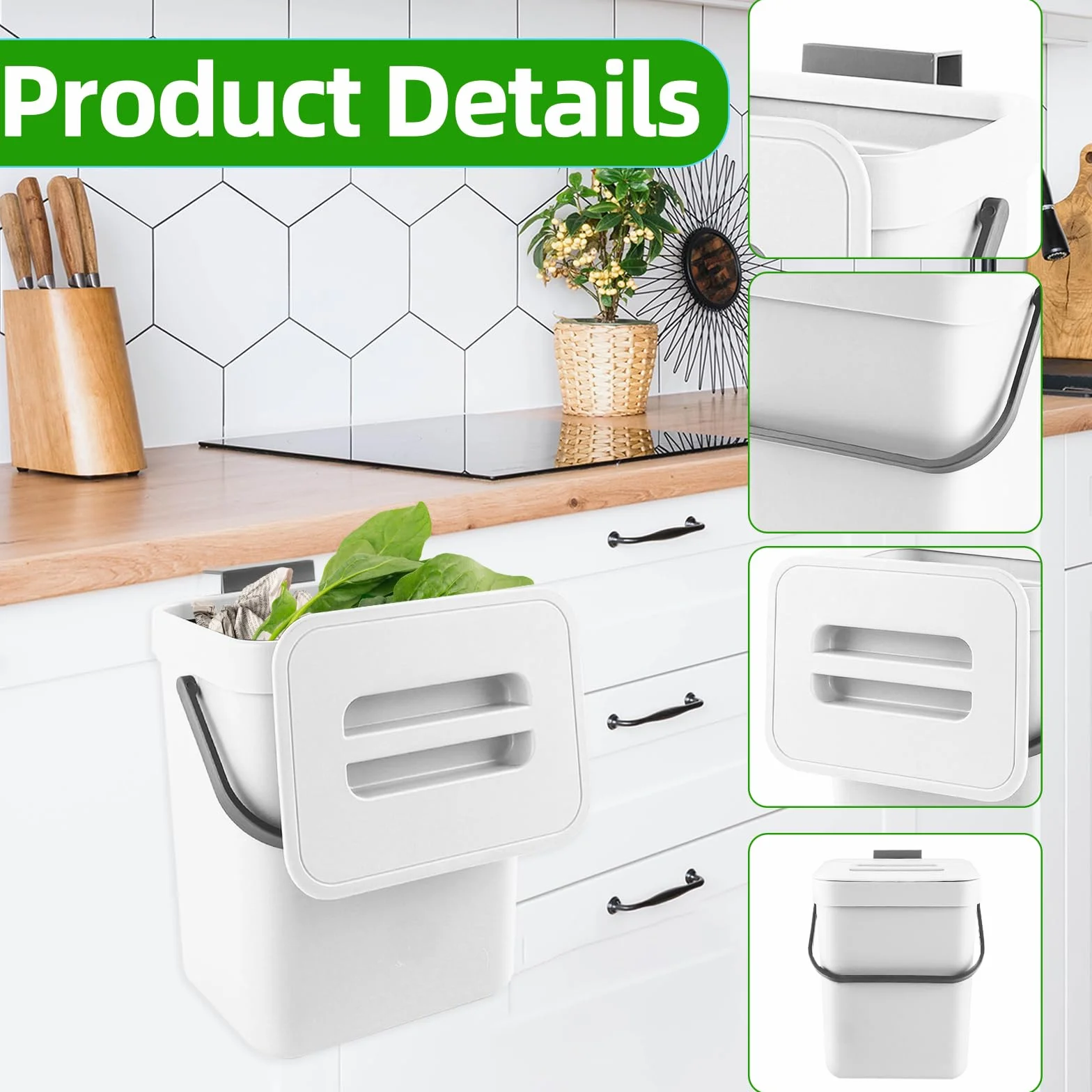 Kleiner Komposteimer für die Küche, Mülleimer, Hängend Biomülleimer, Mülleimer für Arbeitsplatte, Behälter mit Deckel, Komposter, für den Innenbereich, 3 L, Weiß