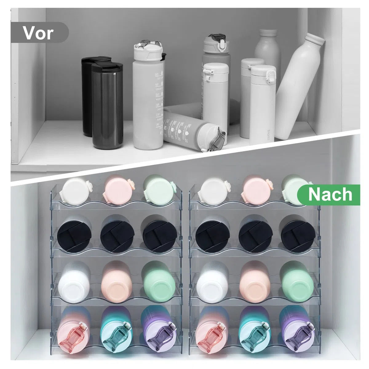 Stapelbarer Flaschenhalter für Kühlschrank, Schrank, Vorratskammer - Wasserflaschenhalter für Küchenschränke Arbeitsplatte Kühlschrank, 4er-Pack, jedes Regal fasst 3 Behälter
