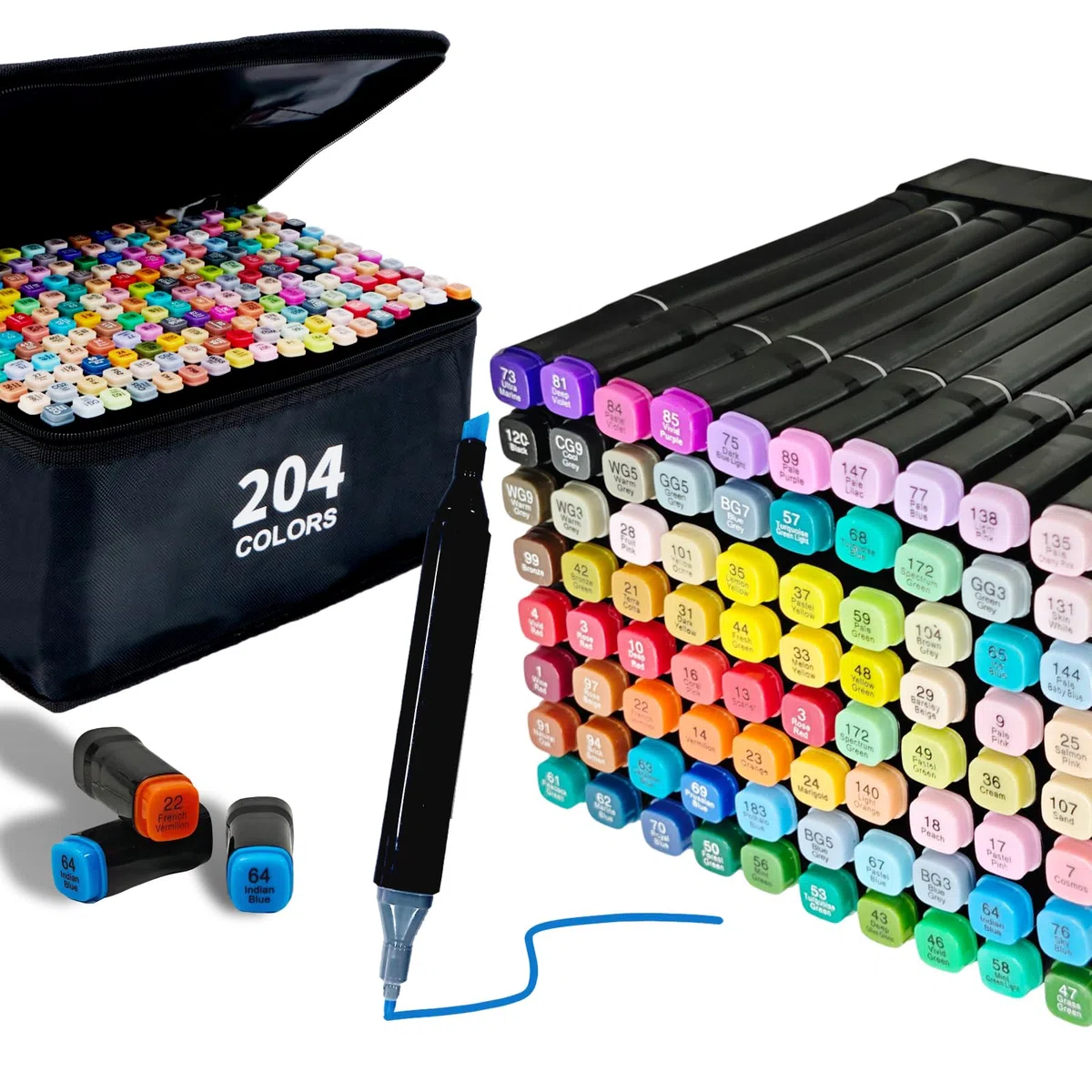 204 Farben Alkohol Marker Set, Twin Marker Permanente Alcohol Marker Stifte, Schnelltrocknend Filzstifte für Manga Design Zeichnen Erwachsenen-Malbücher Schüler Künstler