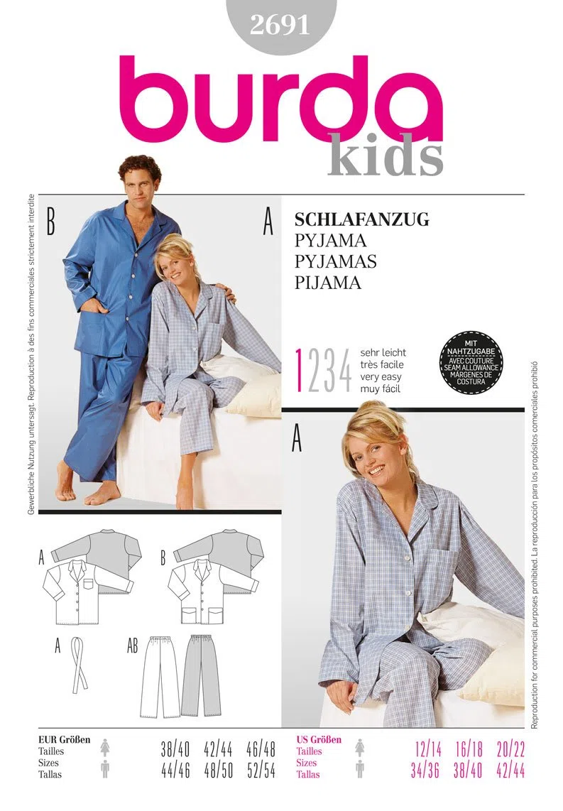 Burda 2691 Schnittmuster Schlafanzug (Damen & Herren, Gr. 38-48/44-54) – Level 1 super Easy