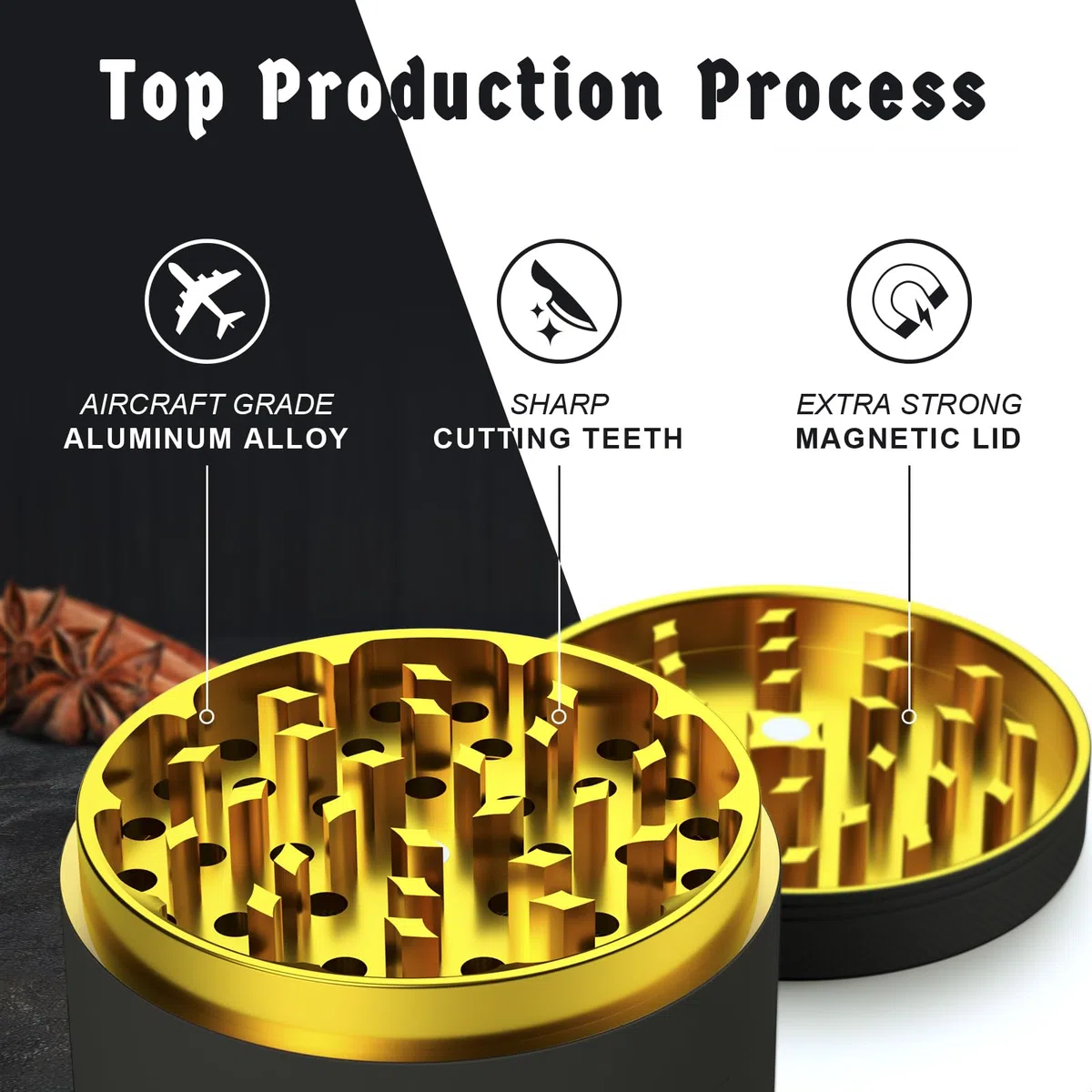 Pollen Grinder Crusher Ø 75 mm aus Aluminiumlegierung mit 4-Teilig, für Spice, Kräuter, Gewürze, Herb, Kaffee mit Pollen Scraper und Pinsel (Schwarz & Gold)