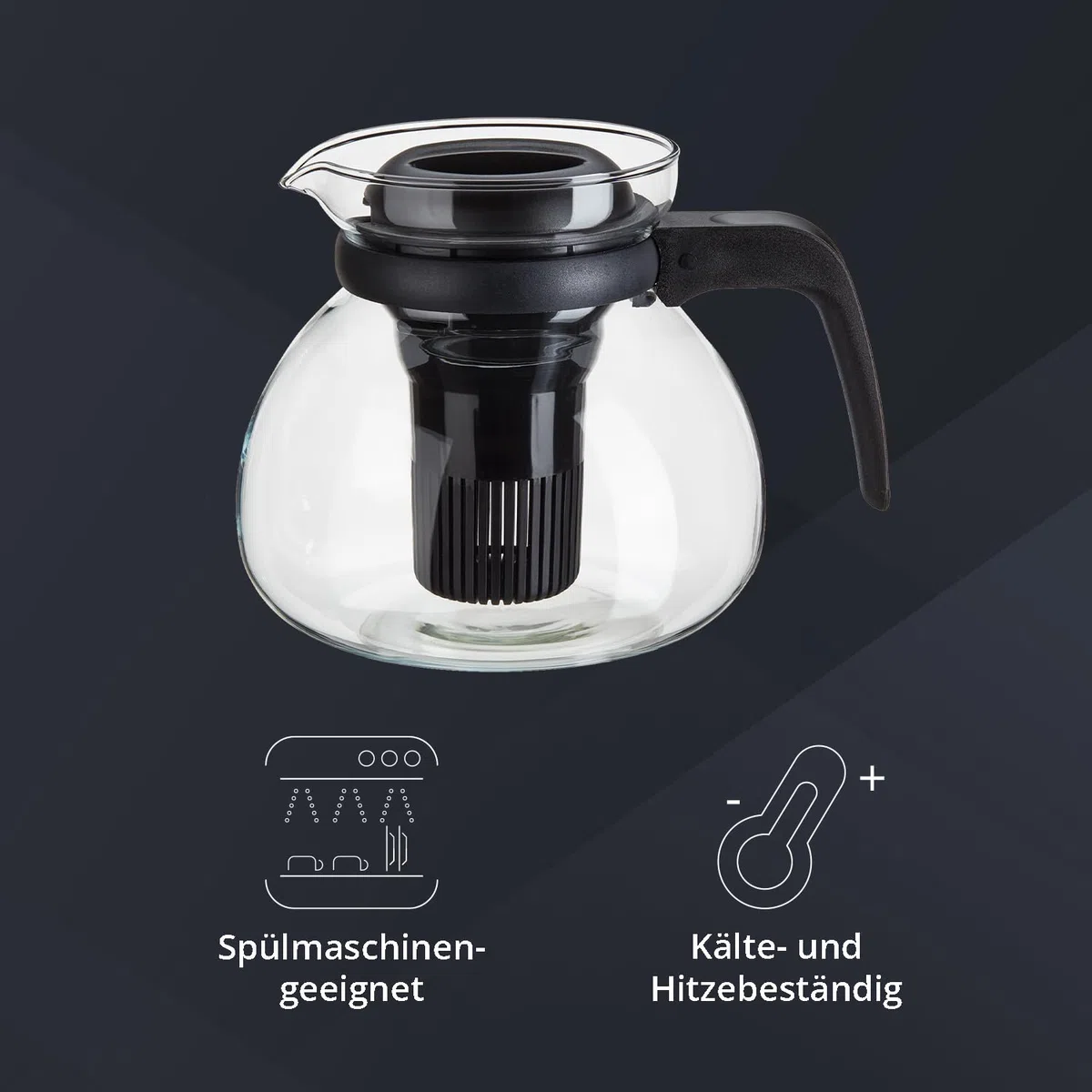 Peill+Putzler Germany Glaskanne mit Kunststoffsieb & -Deckel, 1,5 Liter Fassvermögen, Teekanne aus hitzebeständigen Borosilikatglas, Teezubereiter, spühlmaschinengeeignet