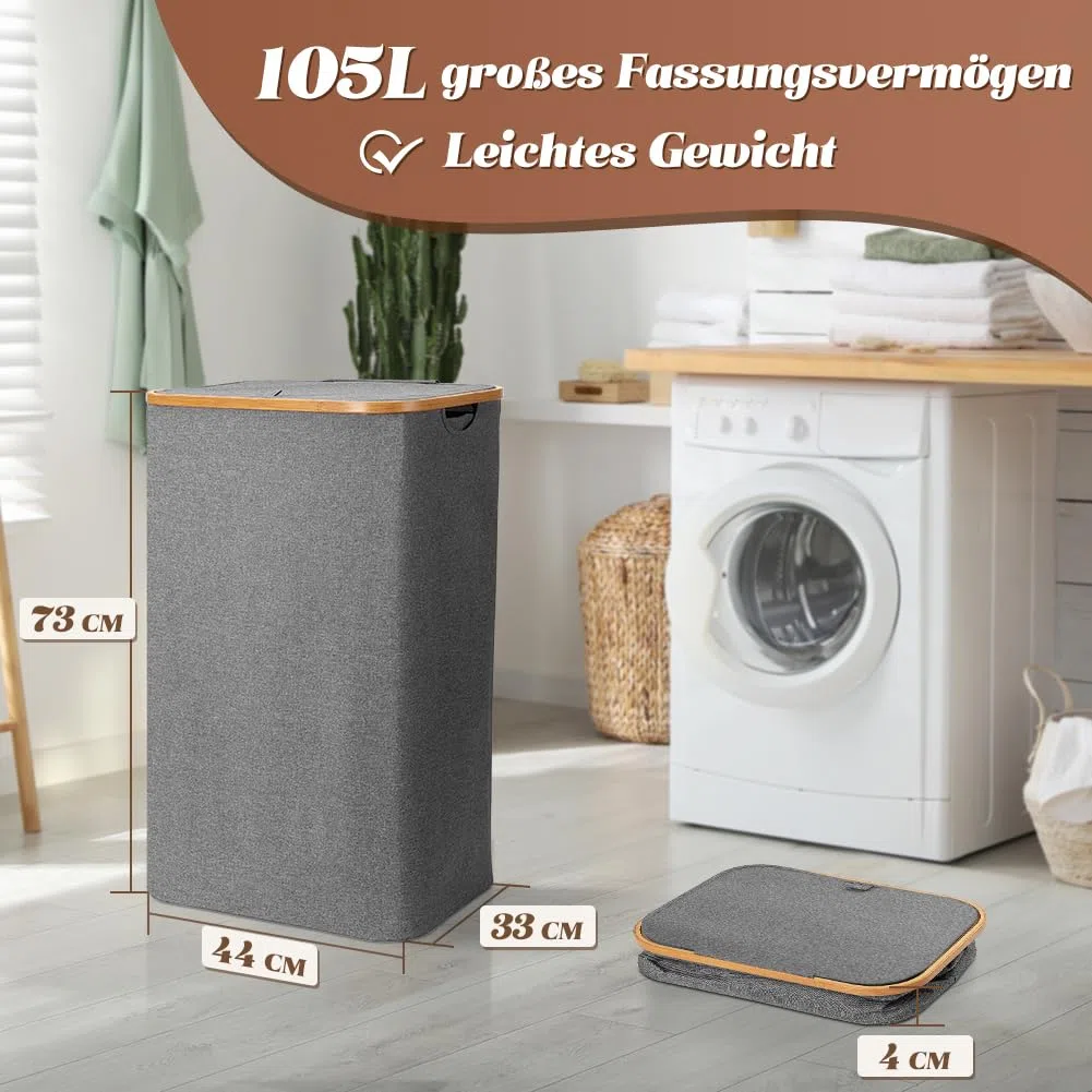 OUSFOT Wäschekorb mit Deckel 105L Wäschesammler faltbar aus 600D Oxford-Gewebe mit Abnehmbarem Wäschesack Bambus-Wäschebox Wäschesortierer Wäschetonne Laundry baskets Grau