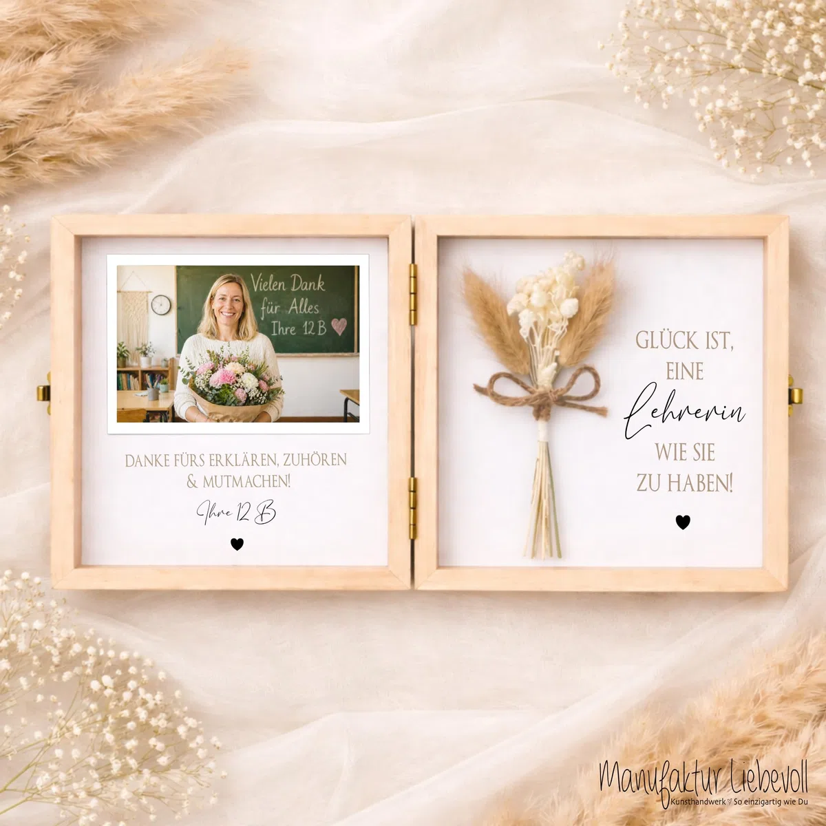 Personalisierte Geschenkbox Holz „Weltbeste Lehrerin“ mit Namen – Abschiedsgeschenk Schule & Fotogeschenk mit Spruch & Blume – Danke Geschenk Lehrerin (Glück ist, eine Lehrerin wie Sie zu haben!)