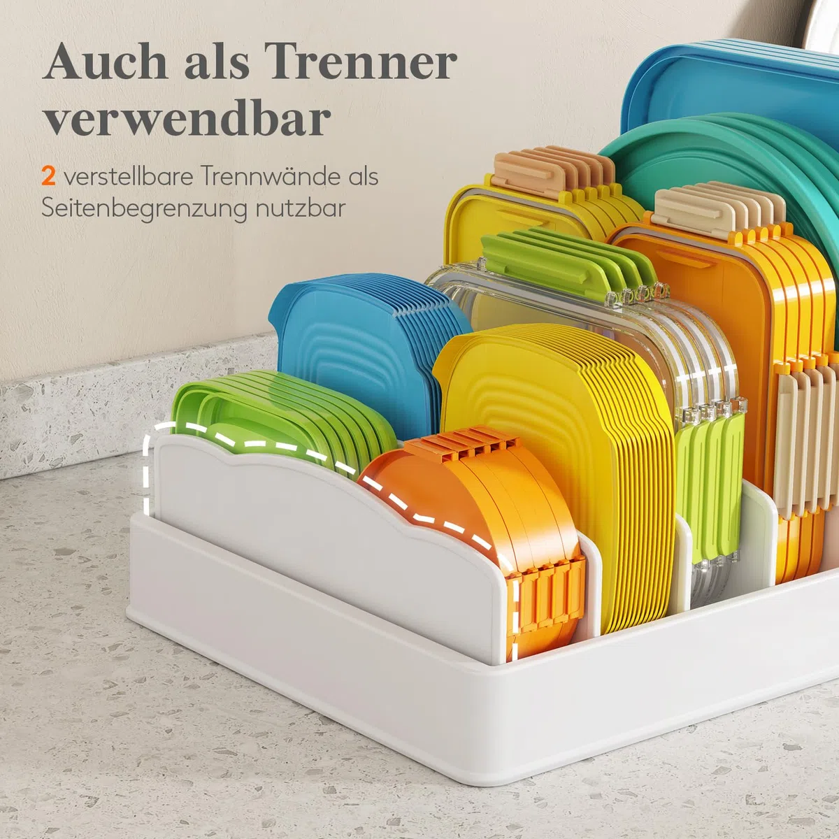 Lifewit Deckelhalter erweiterbar von 25-44 cm, Deckel Organizer aus Kunststoff, Schubladen Organizer Küche für Frischhaltedosendeckel, Aufbewahrungsbox für Deckel mit 8 verstellbaren Trennwänden, Weiß