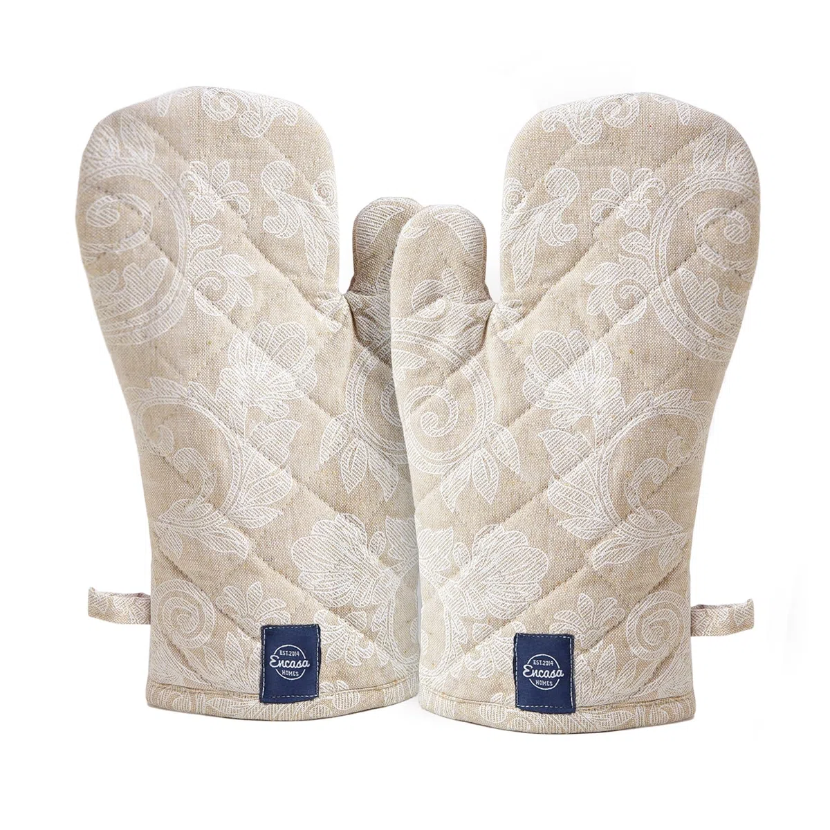 Encasa XO Ofenhandschuhe Hitzebeständig | Mikrowellenkoch-Mitten Für Backen & Küchengebrauch | 18x30 cm | Baumwollutensilienhalter - Chambray-Stoff (Packung Mit 2, Beige)