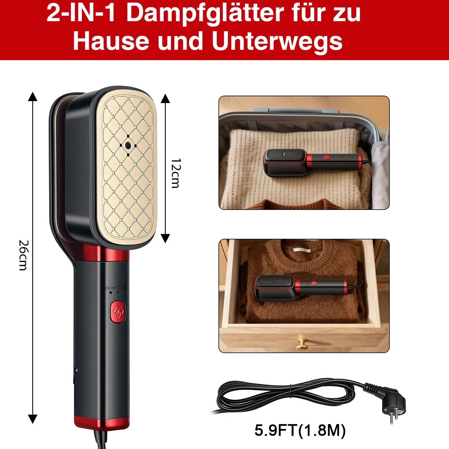 ERWEY Dampfglätter, Steamer Dampfglätter 1000W, 3-in-1 Reisebügeleisen 20s Schnelles Aufheizen Steamer, 1.8M Kabellänge Steamery, 180° Flip Handle Design für Reisen Home, Schwarz