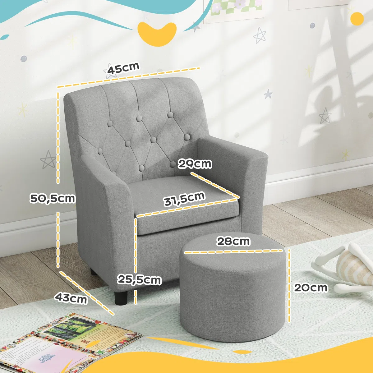 AIYAPLAY Kindersessel Kindersofa mit Fußhocker Kindercouch 1,5-3 Jahre Kindermöbel Kinderzimmer Leinentoptik Eukalyptusholz Grau 45 x 43 x 50,5 cm
