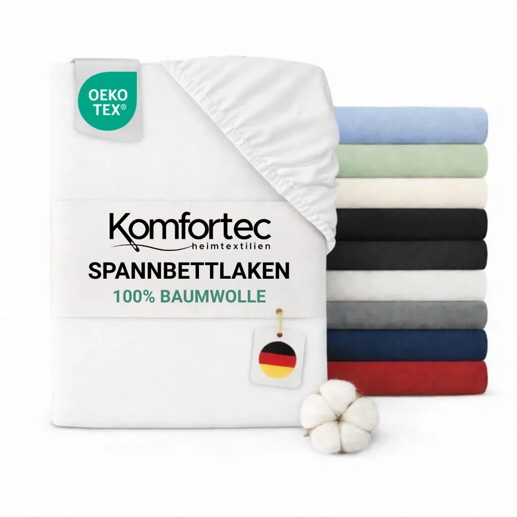 Komfortec Spannbettlaken Jersey 100% Baumwolle – 180x200 cm – 135g/m² – Weich, Atmungsaktiv & Hautfreundlich – Mit Rundumgummi – Oeko-Tex Zertifiziert – Für Boxspring, Topper & Matratzen – Weiß