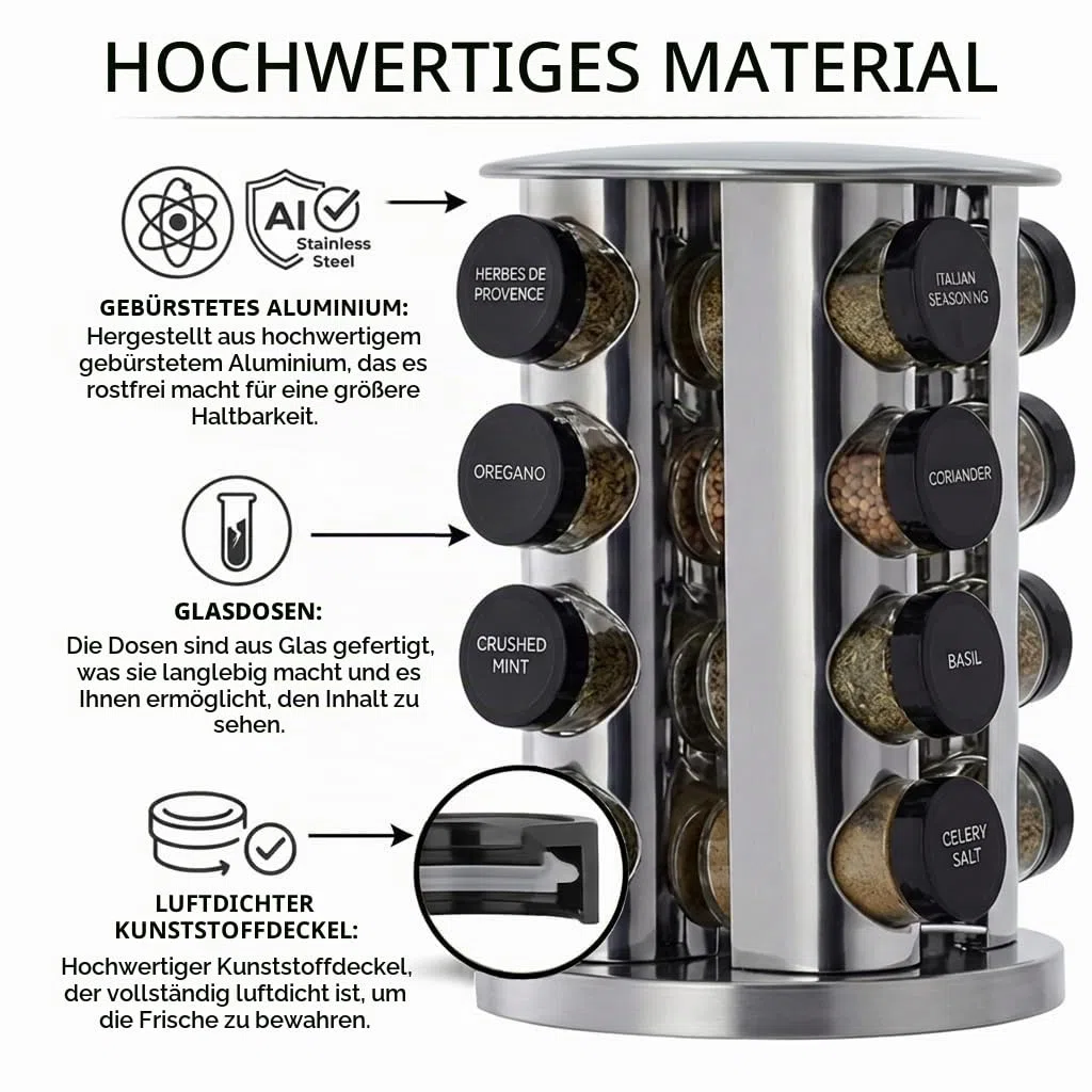 edihome, Gewürzkarussell, Gewürzregal, Drehbar 360º, Küchengewürze, 16 Gewürzdosen, mit Deckeln und einzelnen Dosierern, Organizer, mit Etiketten für Flaschen