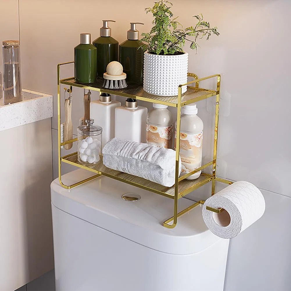 Aufbewahrungsregal über der Toilette,2-stufiger Badezimmer Aufbewahrungs Organizer aus Metall mit 2 Haken, Papierhalter, Regal für den Toilettenspülkasten, Schwarz