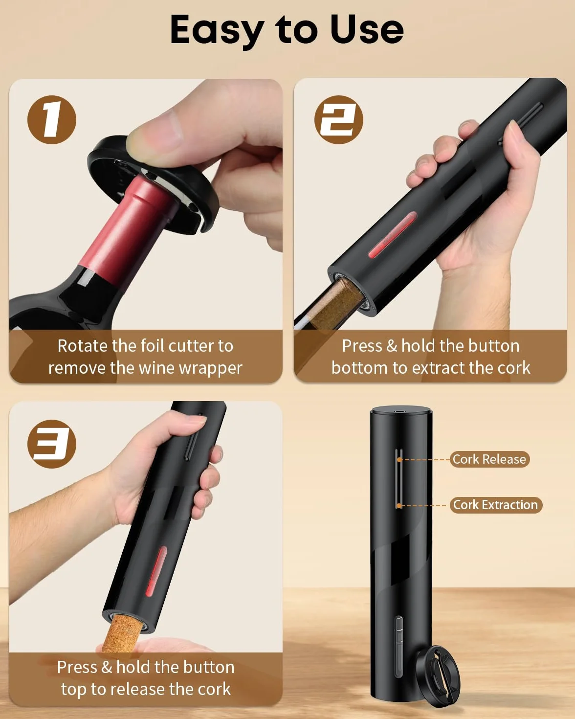 Pawfly Akku Elektrischer Weinflaschenöffner mit Folien Schneider Automatischer Weinöffner USB-C Aufladbarer Elektrokorkenzieher mit LED Licht Weinkorkenzieher für Hausbar Restaurant Party Hochzeit
