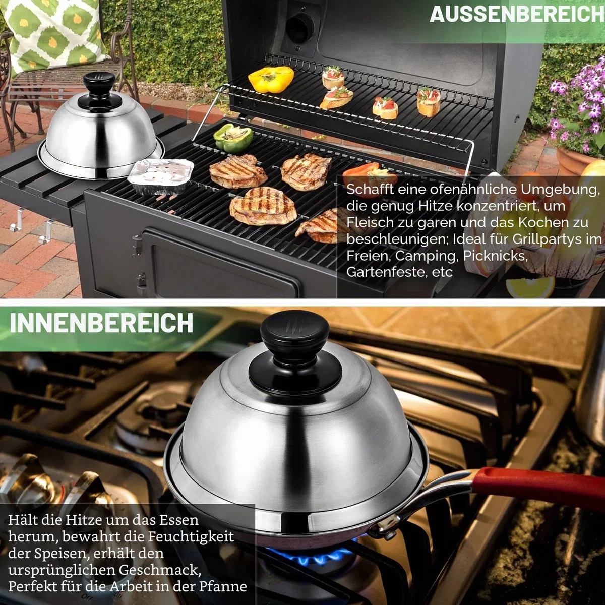 4 Stück Burgerglocke Edelstahl Burgercover, 16x6.7cm Grill Deckel, Burgerhauben Schmelzglocke Burger Glocke für Küche, Steak, Grill, Cheeseburger, Innen & Außen (mit Schraubenzieher)
