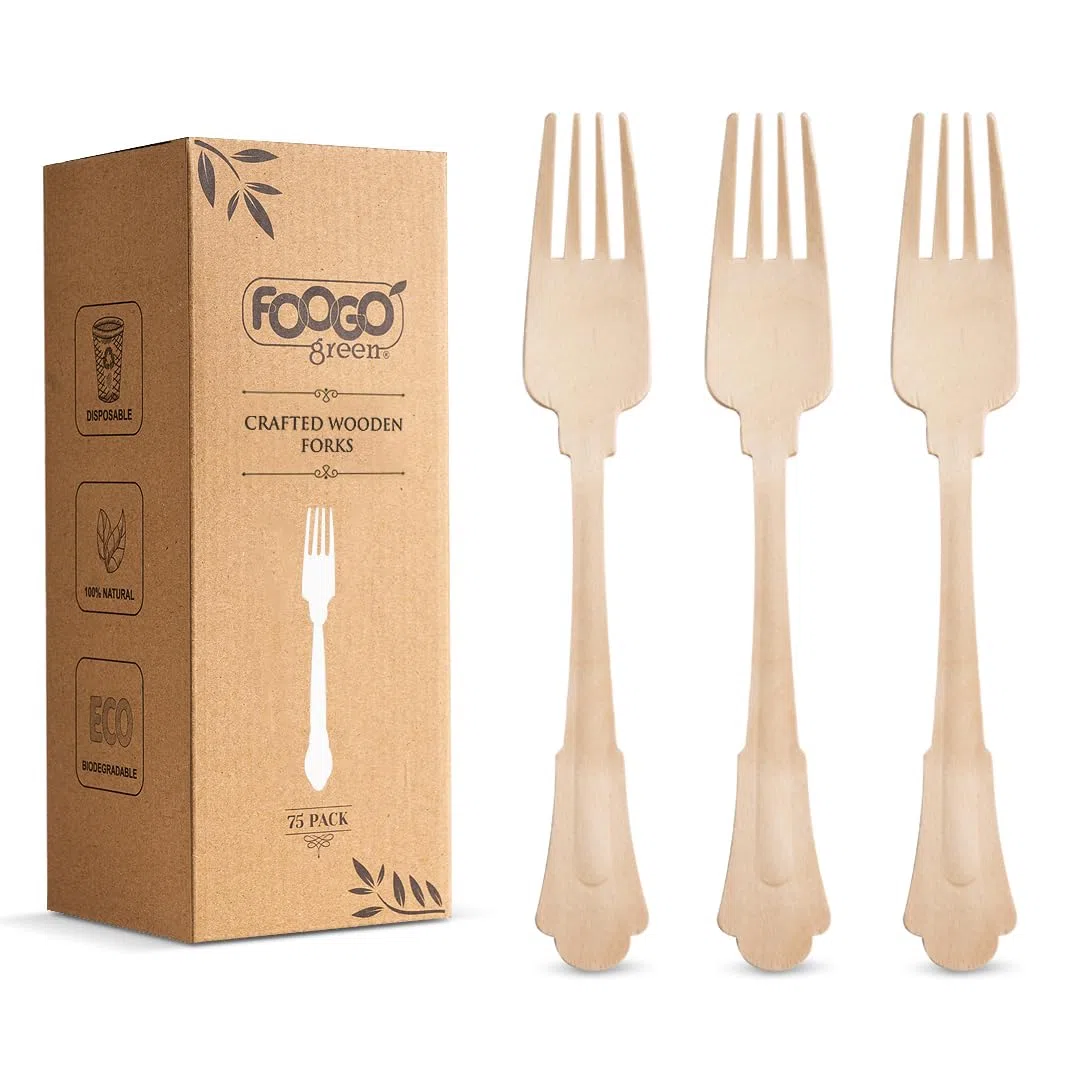 FOOGO Green 100 Stück elegante Einweg-Holzgabeln, FSC®-zertifiziert, 100 x Gabeln, 20 cm, biologisch abbaubar, umweltfreundlich, ideal für Hochzeiten, Bambus, Alternative zu Kunststoff