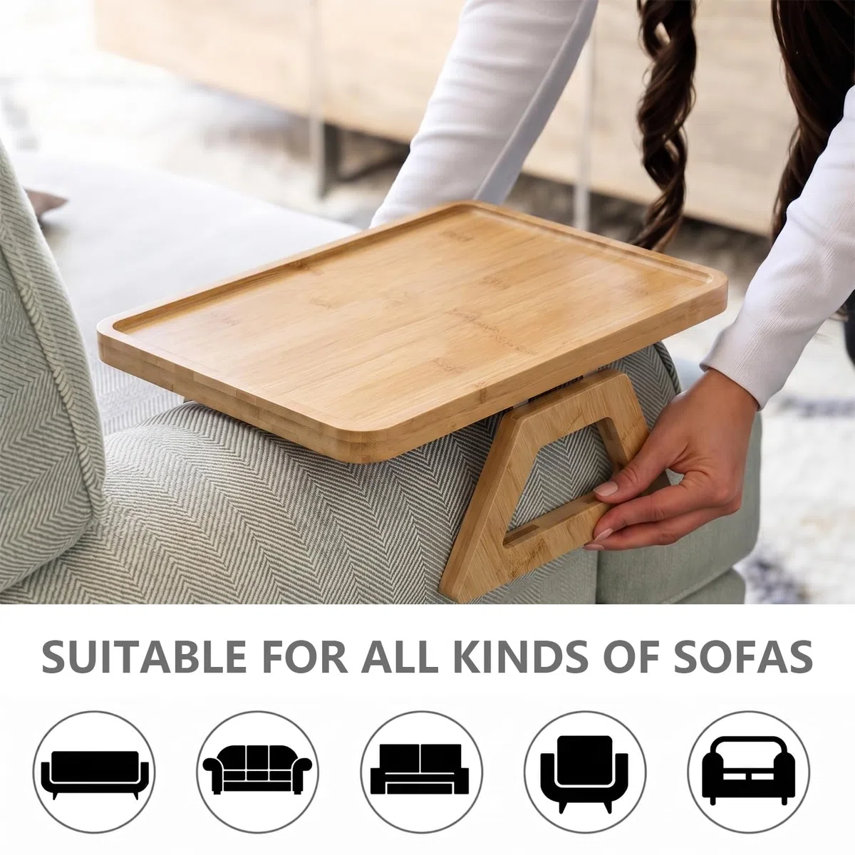 Sofatablett Armlehne, Sofatablett-Armlehne zum Anklipsen, Faltbares Hozl Rutschfester Couch Tablett, für Sofa, Beistelltisch, Sessel, Tablett für Snacks, Telefon, Getränke, Tasse, Holzfarbe