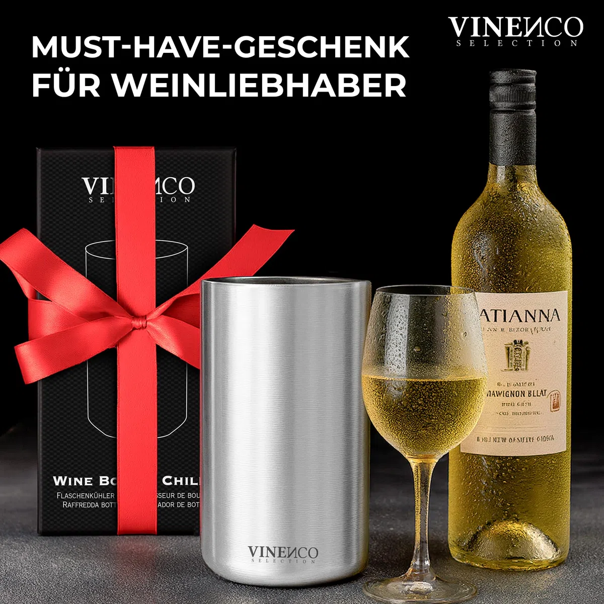 VINENCO Weinkühler Edelstahl Flaschenkühler Sektkühler Champagner Wein Kühler doppelwandig isoliert | Weinflaschenkühler Getränkekühler Weißwein | Geschenk-Set Männer Frauen Weinzubehör Geschenkidee