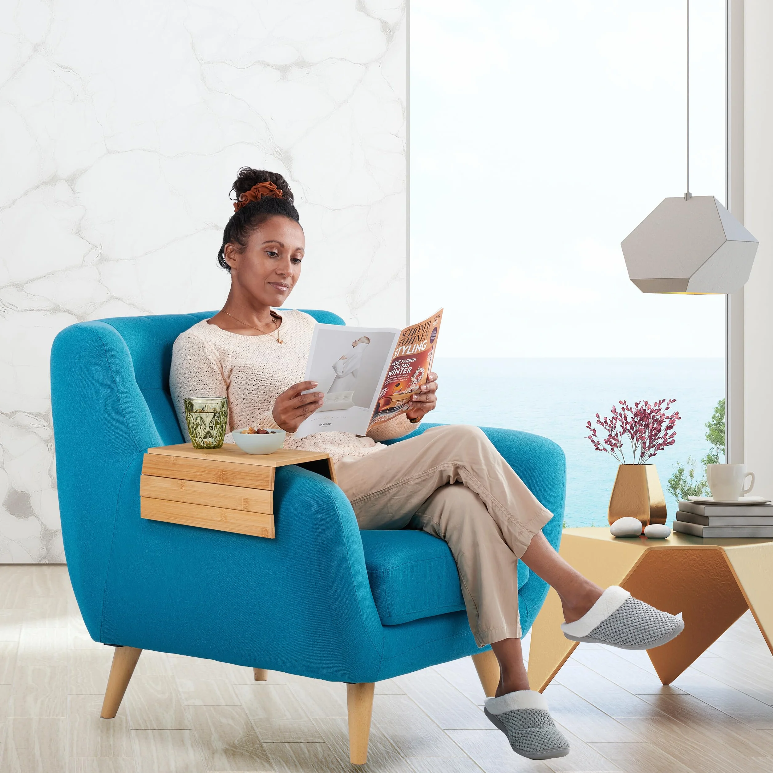 Relaxdays Sofatablett Armlehne, Bambus, Armlehnentisch für Couch und Sofa, BxT: 43,5 x 33 cm, Sofaablage Getränke, Natur