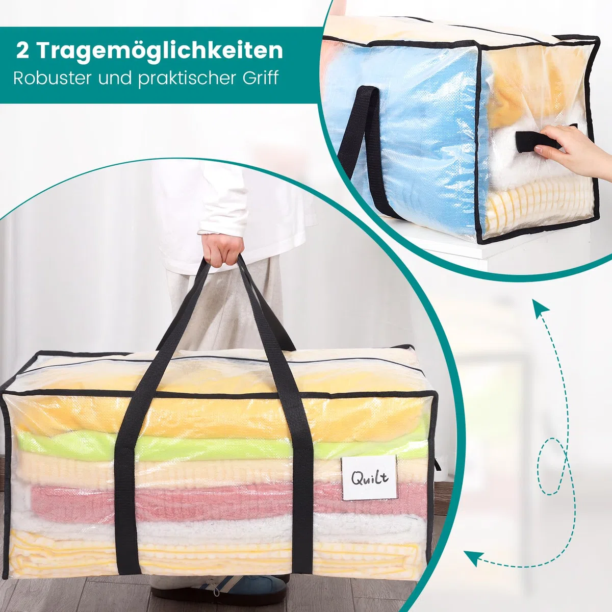 Dntorx 4 Stück 90L Aufbewahrungstasche, Heavy-Duty Weihnachtslager Transparente Umzugskartons Große mit Reißverschluss Griff Faltbar Weihnachtsbaum Tasche für Umzug Bettwäsche Kleidung Aufbewahrung