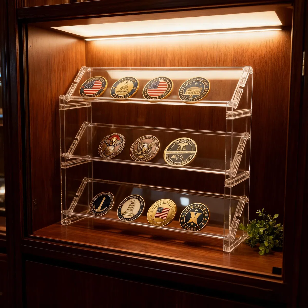 Plastik Münzen Display Regal 3‑tier – Transparenter 3‑Stufiger Münzhalter mit Kartenschlitzen – 30 cm Länge, 8 cm Tiefe, 9 cm Höhe – Stapelbar & Einzeln nutzbar für Challenge Coins