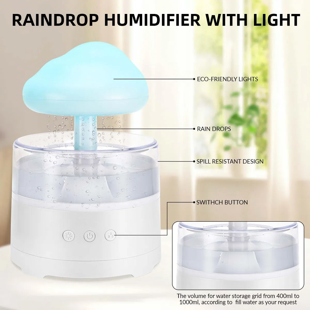 Regen Wolken Luftbefeuchter 400ML Wasser-Tropfpilz-Luftbefeuchter Mit 3 Modi Und 7 Farben, LED-Lichtern Schlafzimmer Regentropfen Luft luftbefeuchter Air Humidifier