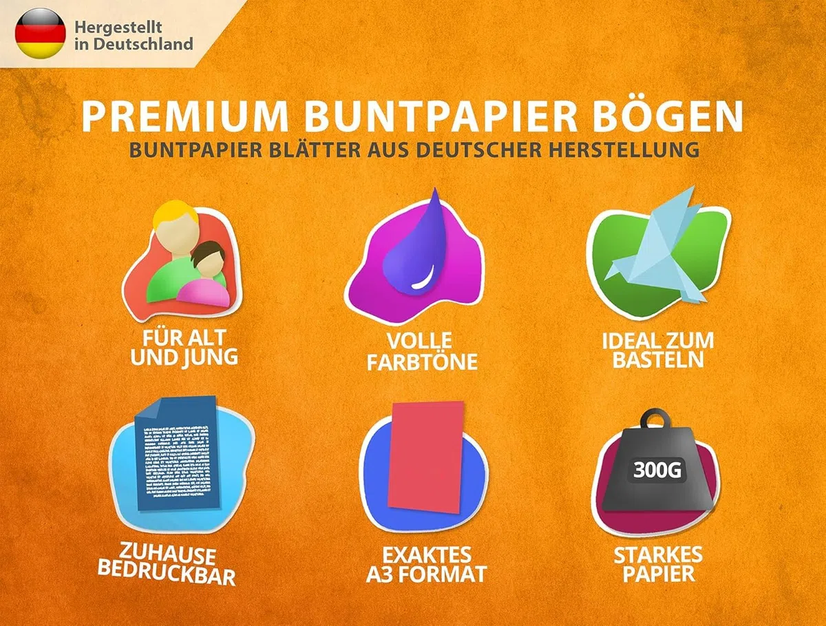 Fotokarton BUNT 300g/m² – PREMIUM PLAKATPAPIER - Karton – 50x70 cm - unbedruckt, Bastelarbeiten, Bastelkarton, Präsentationen, Basteln, Schulpapier, Kindergarten, Großer fester Karton, MADE IN GERMANY