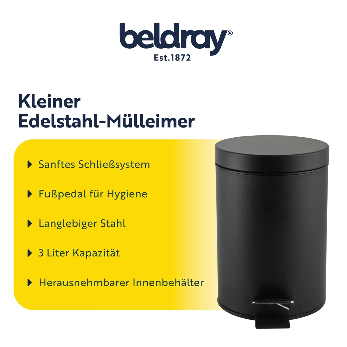 Beldray LA038098BLKFEU7 Badezimmer-Fußpedal-Mülleimer - Kleiner runder Edelstahl-Hygienemülleimer für Schlafzimmer, Büro, Küche, Toilette, weicher Schließmechanismus, herausnehmbarer 3L-Innenbehälter