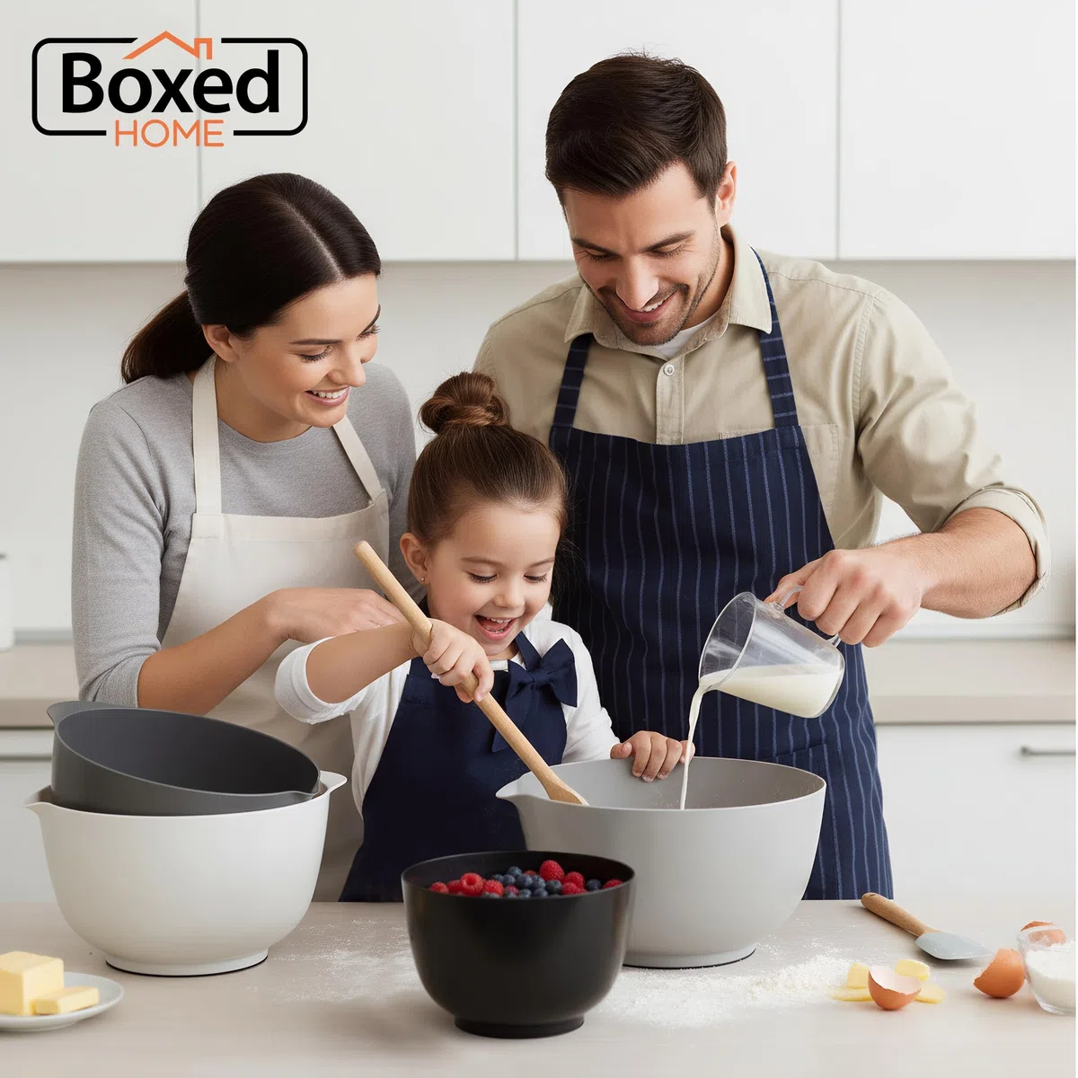 BoxedHome 4-teiliges Rührschüssel Set aus BPA-freiem Kunststoff, Grau - mit Ausgießer, rutschfestem Boden und Griff, stapelbar, spülmaschinen- und mikrowellengeeignet, ideal für Backen und Kochen