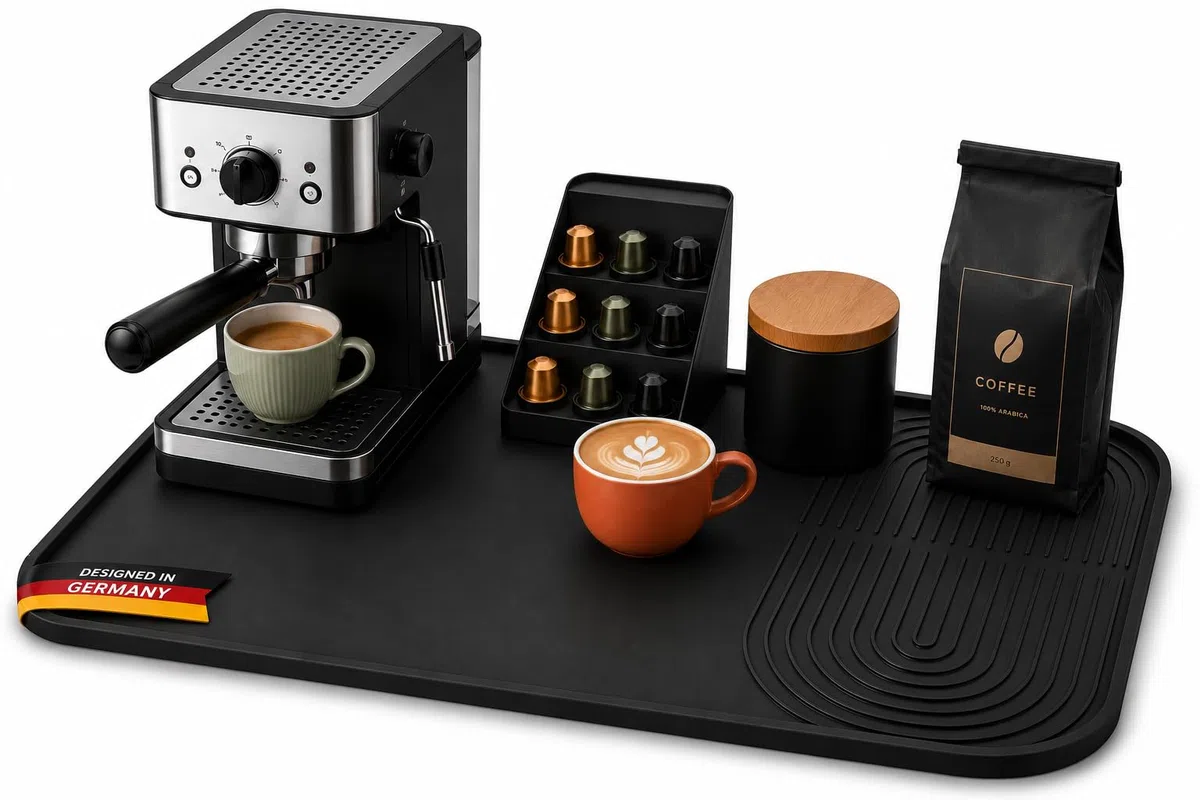 Kaffeematte aus Silikon für Kaffeemaschine, 60x40 cm, rutschfeste Unterlage mit Rand, Wasserdicht & BPA-frei, Abtropfmatte für Küchenarbeitsplatte, Schutzmatte, Schwarz
