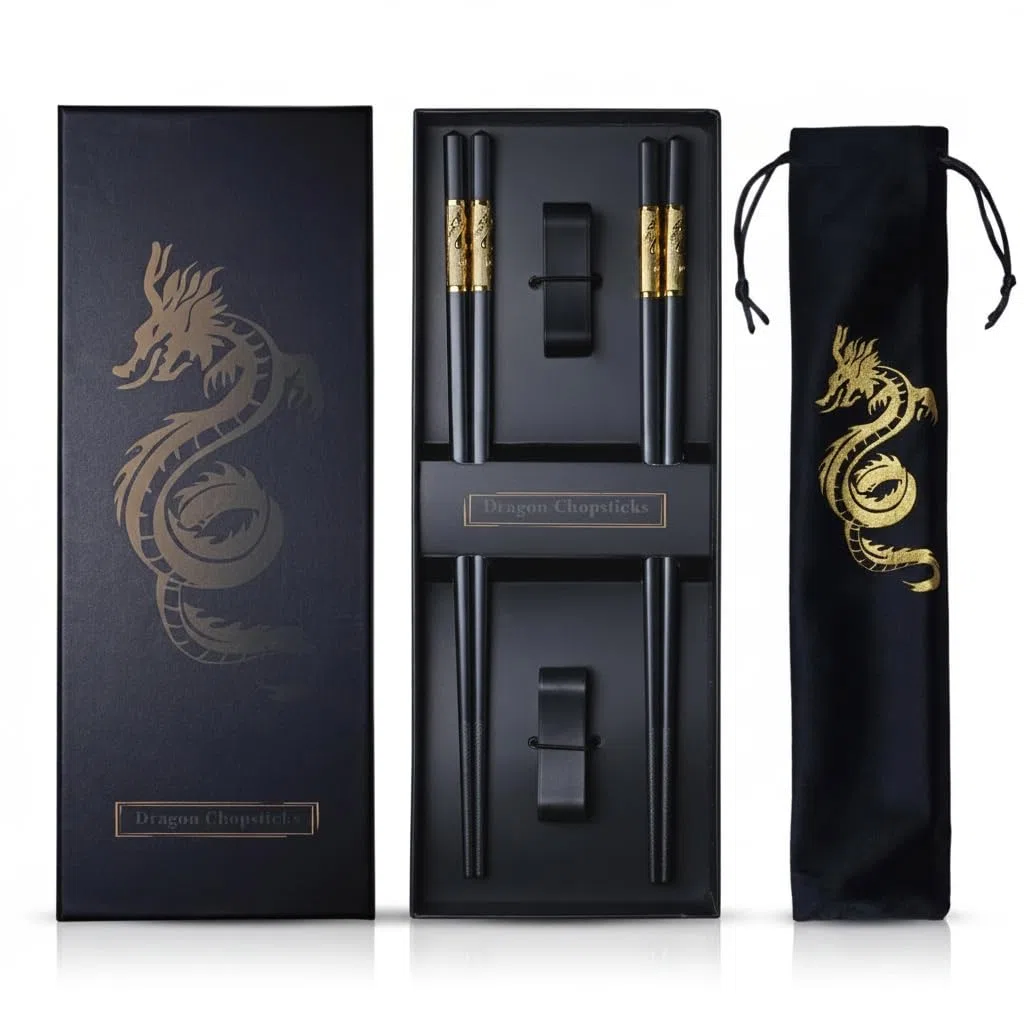 Youda Essstäbchen Wiederverwendbar – 2 Paar Drachen-Design mit Halter & Tragetasche, Premium Japanische & Chinesische Essstäbchen, Traditionelles Stilvolles Geschenkset für Erwachsene & Familie