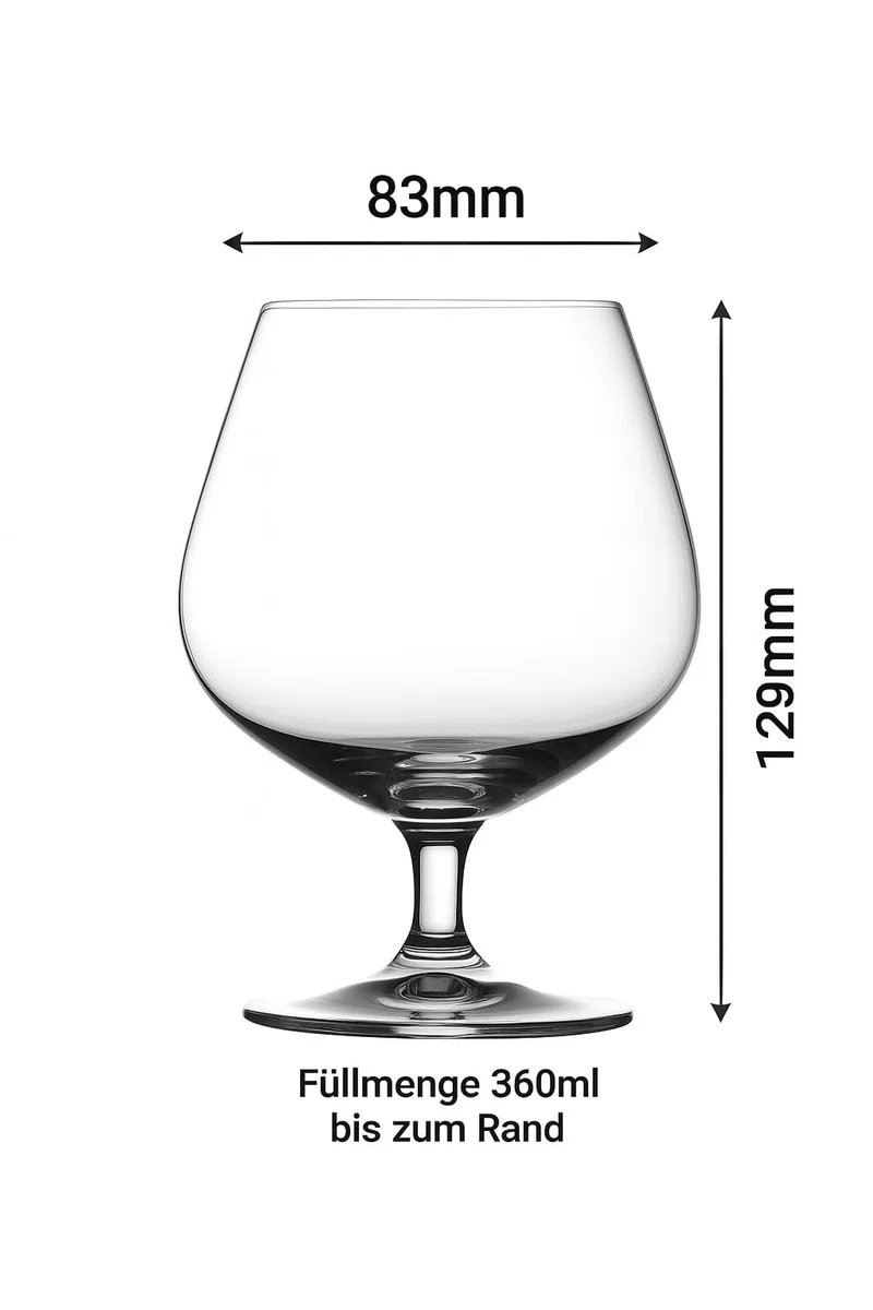 Cognac Gläser Set 6-teilig – 360 ml Randvollvolumen • Elegante Cognacschwenker aus hochwertigem Glas • Spülmaschinenfest • Breite 83 mm • Höhe 129 mm • Für Cognac, Brandy & Whisky