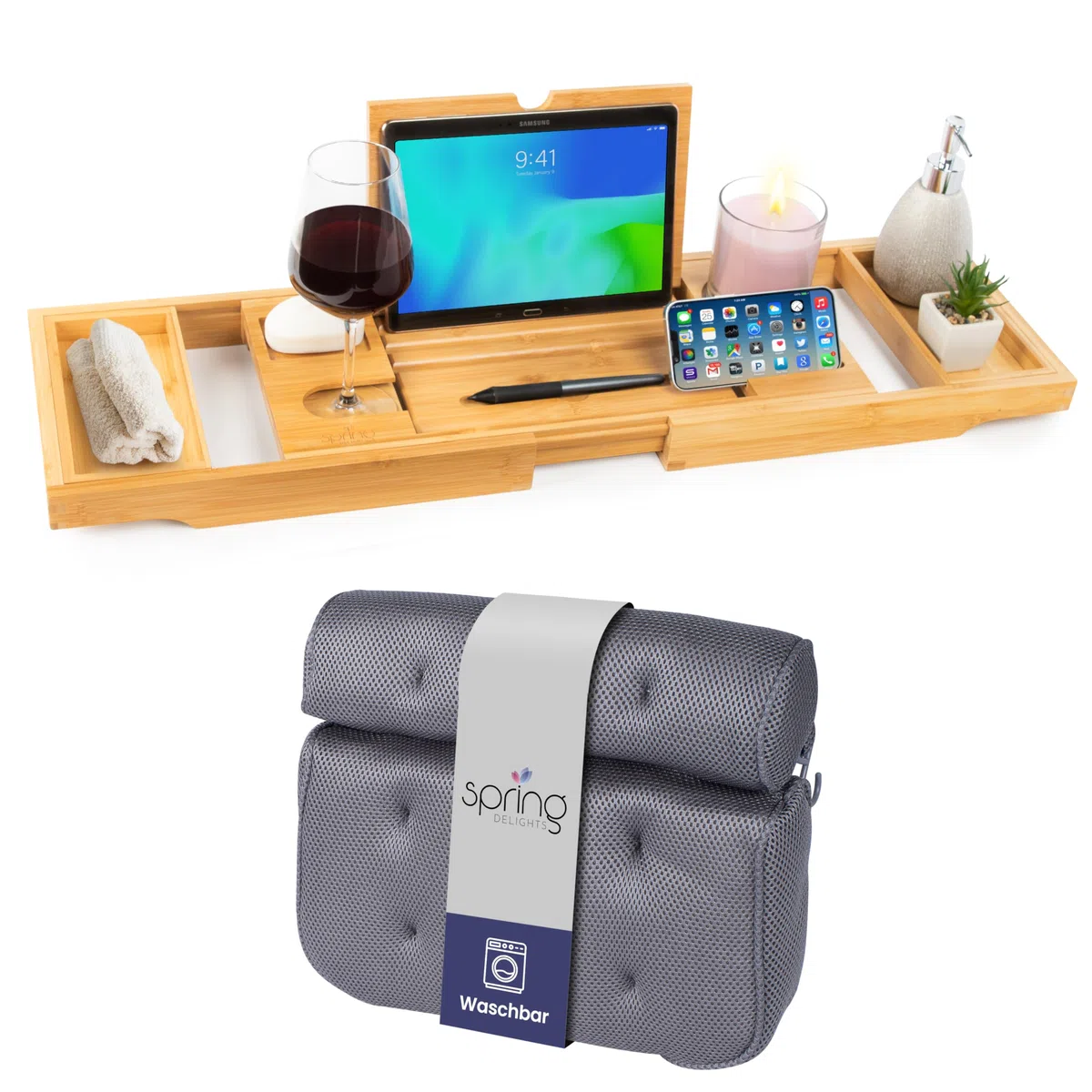 Badewannen-Set: Luxus Bambus Badewannenablage & Ergonomisches Badewannenkissen - Weinglashalter, Tablethalter, Handyhalter & Extra Große Saugnäpfe - Dein Ultimatives Spa-Erlebnis
