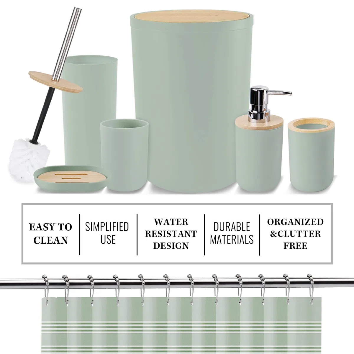 Britimes Badezimmer-Zubehör-Sets, salbeigrün Duschvorhang-Set mit Mülleimer, Seifenspender, WC-Bürstenhalter, Zahnbürstenhalter und Zahnbürstenbecher für Badezimmer-Dekor (Grün)