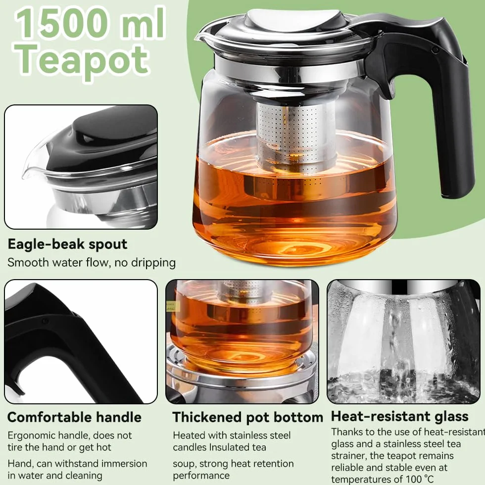 Teekanne Glas 1,5 Liter Glaskanne Hitzebeständig mit Edelstahl Siebeinsatz Glasteekanne Teebereiter mit Deckel Kaffeekanne Wasserkanne Teapot Tea Maker für Grüntee Schwarztee Kräutertee