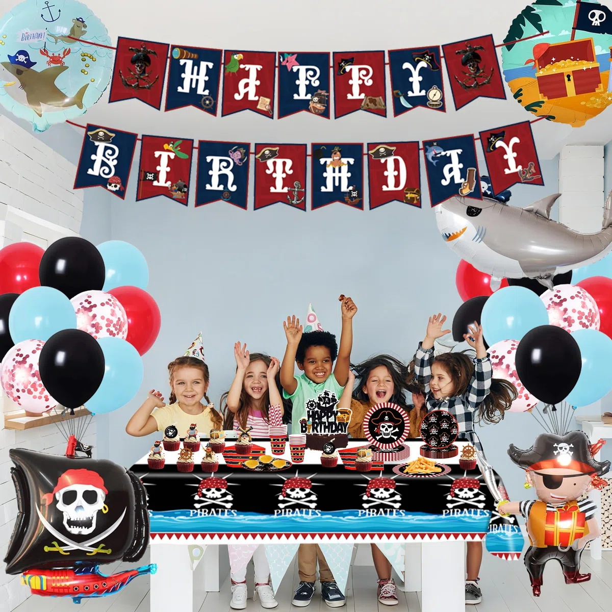 Piraten Deko Kindergeburtstag Partygeschirr Set - Pirate Geschirr Pappteller Becher Servietten Strohhalme, Piratenschiff Folienballon und Happy Birthday Girlande für Geburtstagsdeko