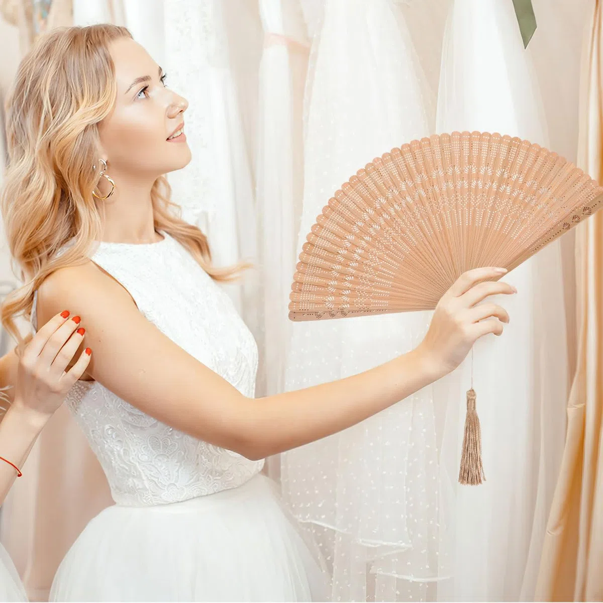 VOSAREA Bambus Handfächer: Vintage Fächer Holz klein Handfächer echt Bambus - japanischer chinesischer Hand Fan für Hochzeit Braut Party Tanz