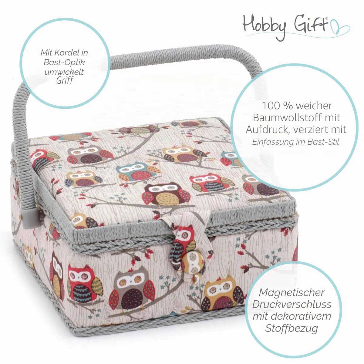 Hobby Gift Nähkästchen Klein mit Griff - Nähkorb aus Baumwolle mit Fächern für Nähzubehör & Werkzeuge - Aufbewahrungsbox für Handarbeit - 20 x 20 x 11 cm, Hoot