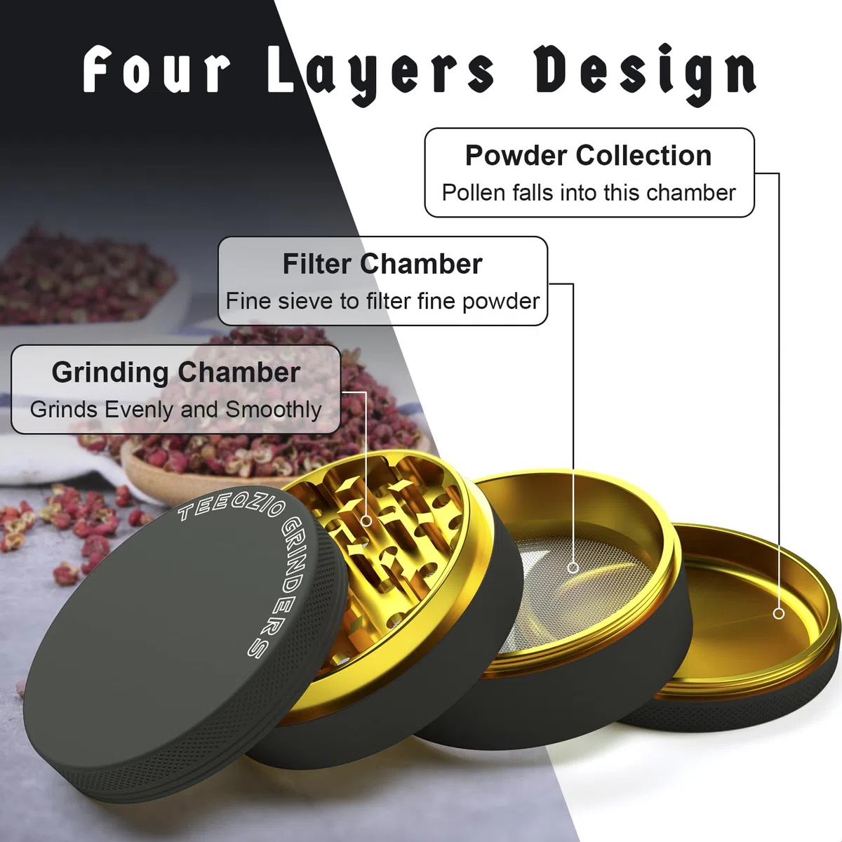Pollen Grinder Crusher Ø 75 mm aus Aluminiumlegierung mit 4-Teilig, für Spice, Kräuter, Gewürze, Herb, Kaffee mit Pollen Scraper und Pinsel (Schwarz & Gold)