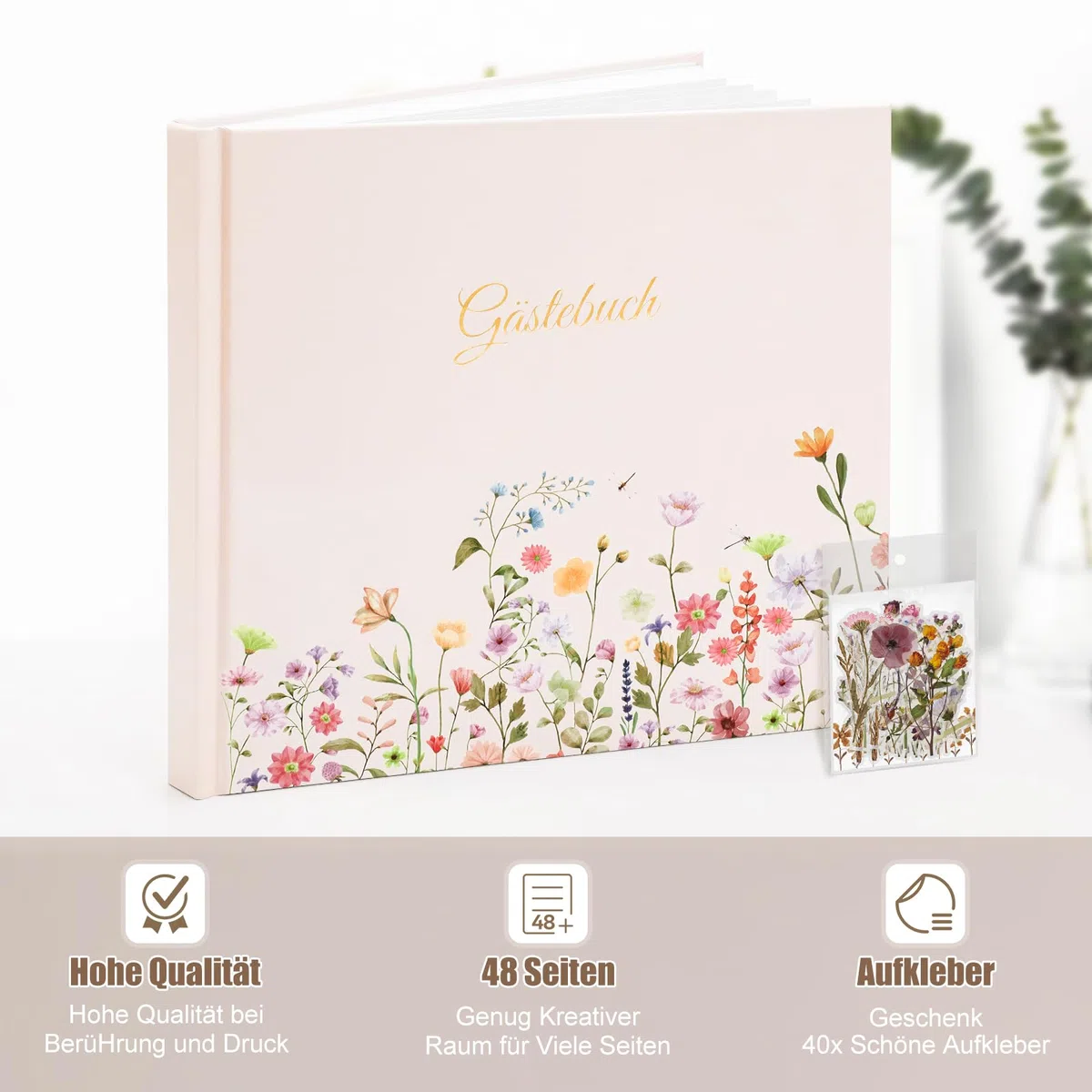 Gästebuch Geburtstag Blanko mit 40 Schöne Aufkleber und 48 Doppelseiten Premium Dickem Papier,Größe 21x23cm Guest Book,Hochzeitsgästebuch für Hochzeiten Geburtstage Polterabend Taufe Ferienwohnung