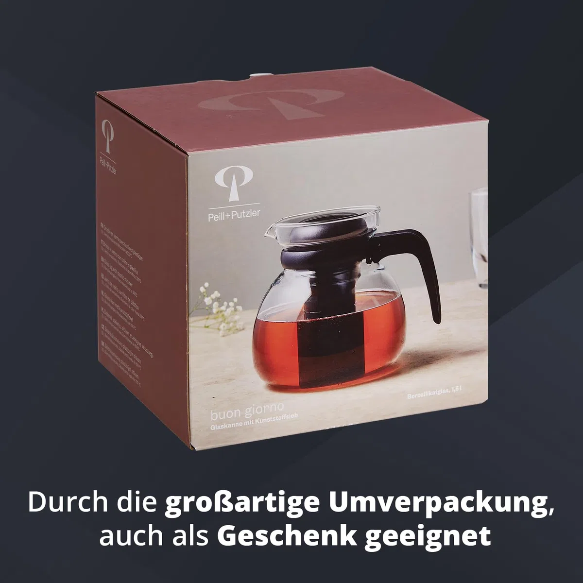Peill+Putzler Germany Glaskanne mit Kunststoffsieb & -Deckel, 1,5 Liter Fassvermögen, Teekanne aus hitzebeständigen Borosilikatglas, Teezubereiter, spühlmaschinengeeignet