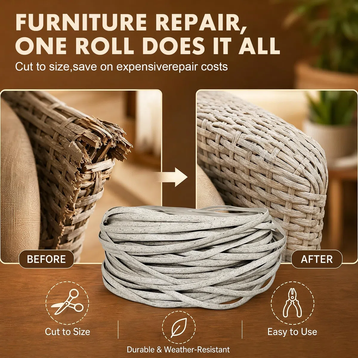 DASIAUTOEM Kunststoff Gewebtes Rattan, 65m Reparatur-Set für Rattan-Gartenmöbel mit Webwerkzeug, Flach Gewebtes PE-Rattans für Outdoor Möbel, Garten, Terrasse, Tisch, Sitzbank Sehr langlebig (C)