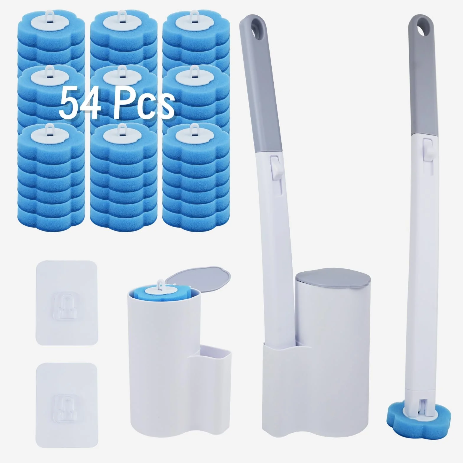 Einweg Toilettenbürste Set mit WC Reiniger - 2er Set Klobürste Wandmontage, 54 WC Reinigungspad als Toilettenreiniger & 2 Klobürstenhalter, Toilettenbürste Toilet Badaccessoires Bürstengarnitur